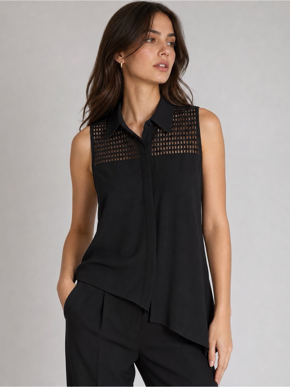 Periphery Black Sleeveless Mesh-Panel Asymmetrical Hem Top